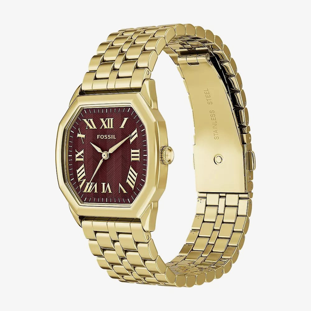 Fossil Ladies Harlow Red Octagon Dial Golden Bracelet Watch ES5511