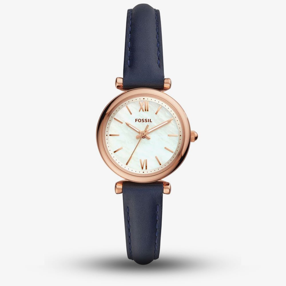 House of Watches - Fossil Ladies Carlie Rose Gold Plated Mother Of Pearl Dial Navy Blue Leather Strap Watch ES4502