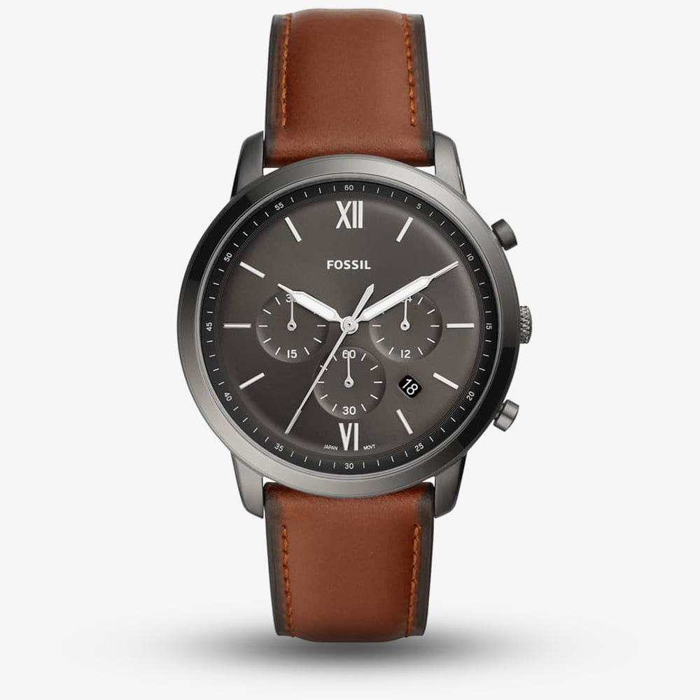 House of Watches - Fossil Mens Neutra Stainless Steel Grey Chronograph Dial Amber Leather Strap Watch FS5512