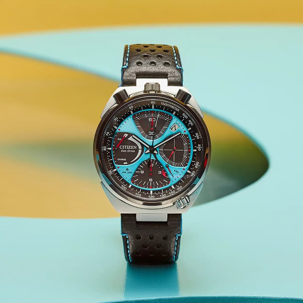 Citizen Mens Limited Edition Promaster Bullhead Racing Chronograph Blue Dial Black Leather Strap Watch AV0106-01L