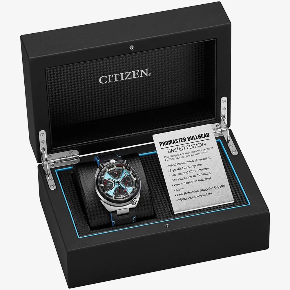 Citizen Mens Limited Edition Promaster Bullhead Racing Chronograph Blue Dial Black Leather Strap Watch AV0106-01L