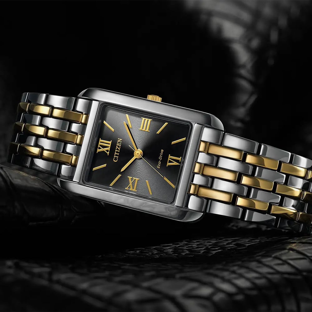 Citizen Mens Dress Classic Black Dial Rectangle Two Tone Bracelet Watch BJ6574-59E