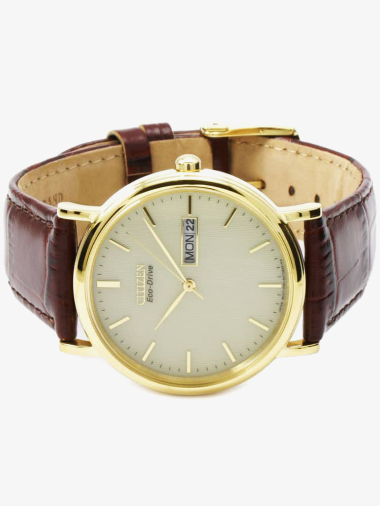 Citizen Mens Gold Plated Brown Strap Watch BM8242 08P