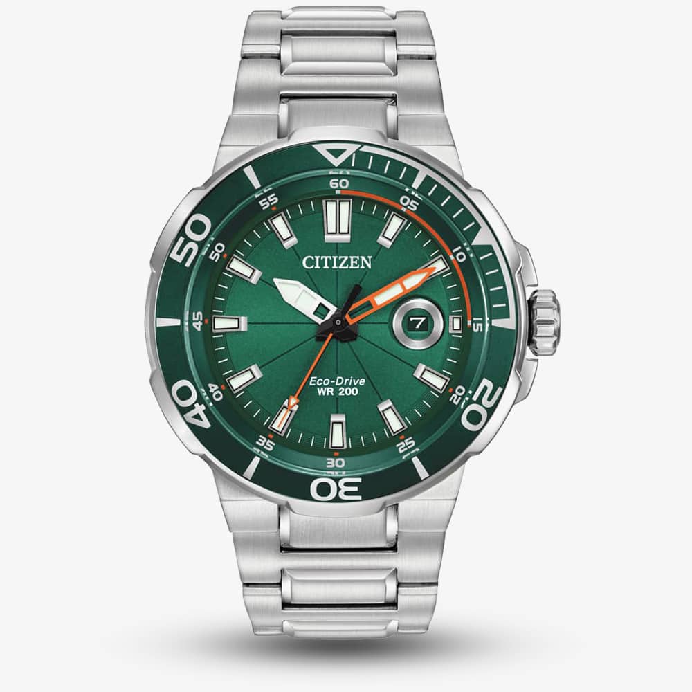 House of Watches - Citizen Mens Endeavor Eco-Drive Green Dial Stainless Steel Bracelet  Watch AW1428-53X