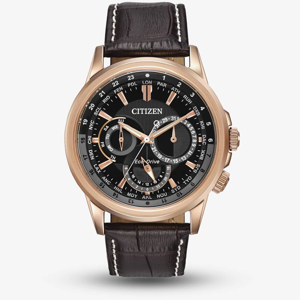 House of Watches - Citizen Mens Calendrier Rose Gold Plated Black Day Date Dial Brown Leather Strap Watch BU2023-04E