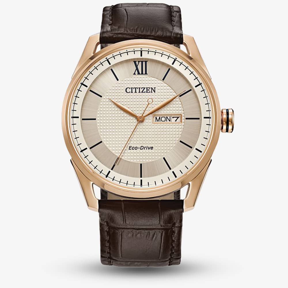 Citizen Mens Eco-Drive Gold Plated Dial & Leather Strap Watch