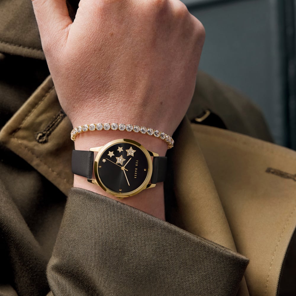 Ted Baker Fitzrovia Gold Case Black Sunray Dial & White Crystals Stars Watch BKGFW22179I
