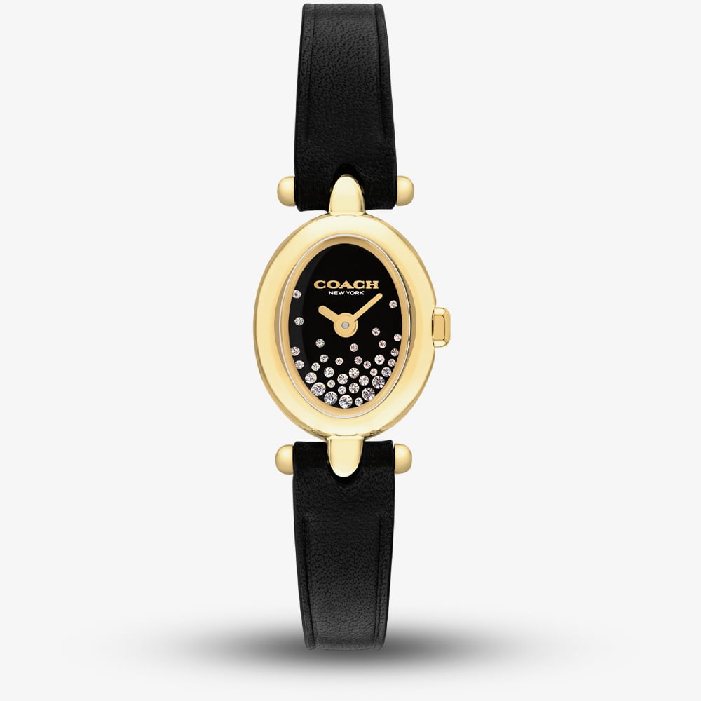 House of Watches - Coach Ladies Sammy Golden Oval Black Crystal Dial Leather Strap Watch 14504739