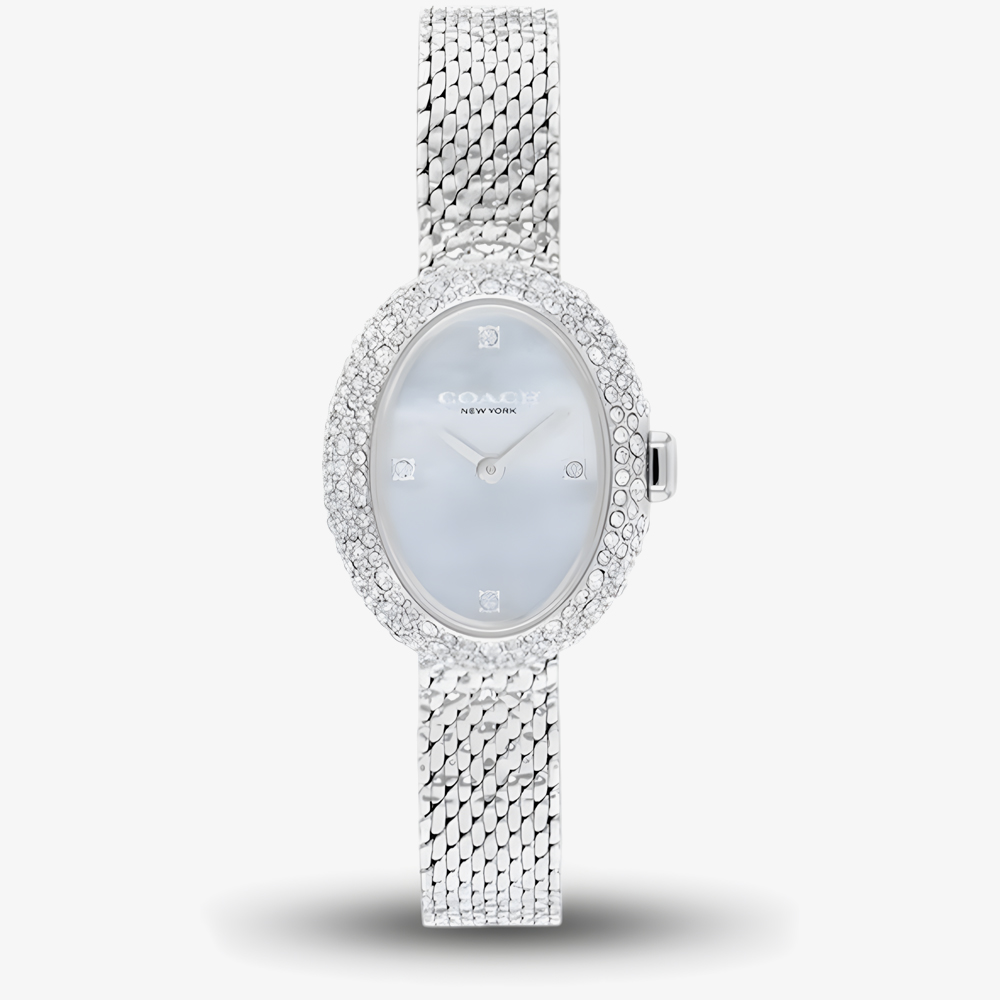 Coach Ladies Sammy Blue Dial Crystal Set Oval Mesh Bracelet Watch 14504689