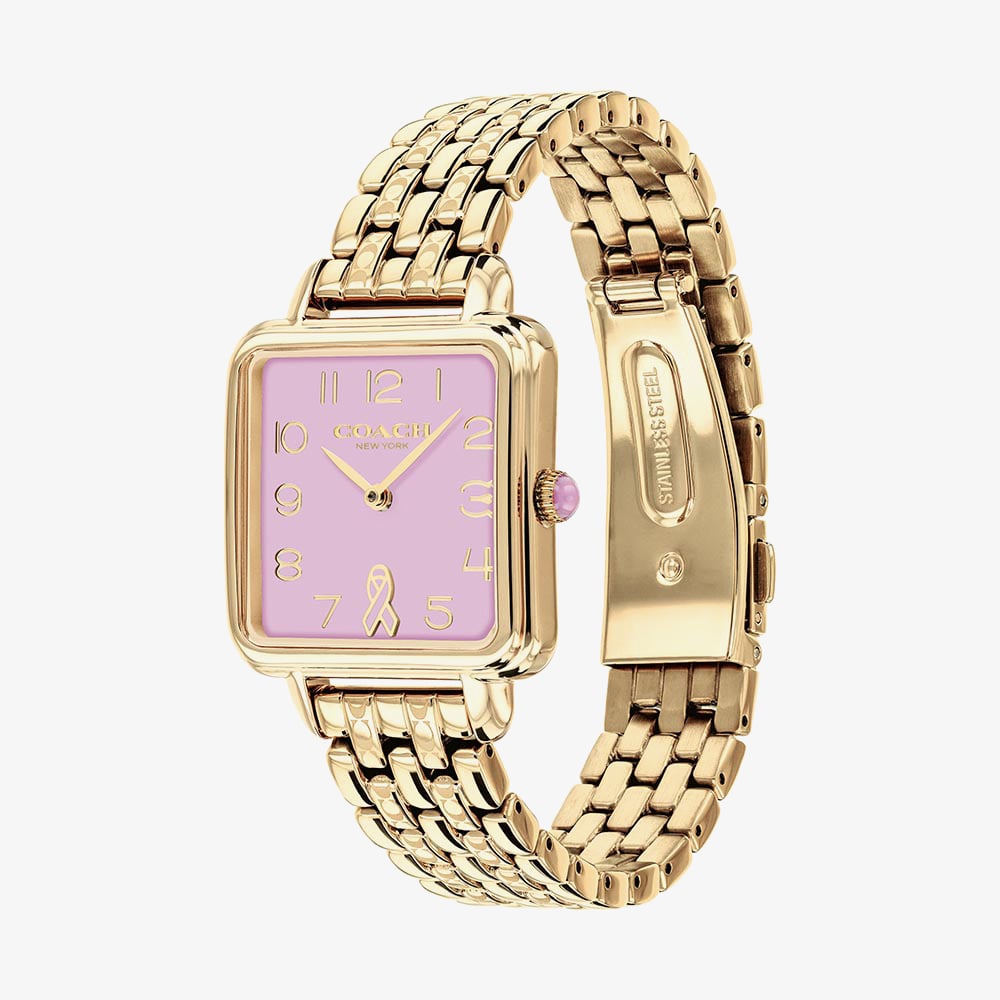 Coach Ladies Cass BCRF Golden Square Pink Dial Bracelet Watch 14504692