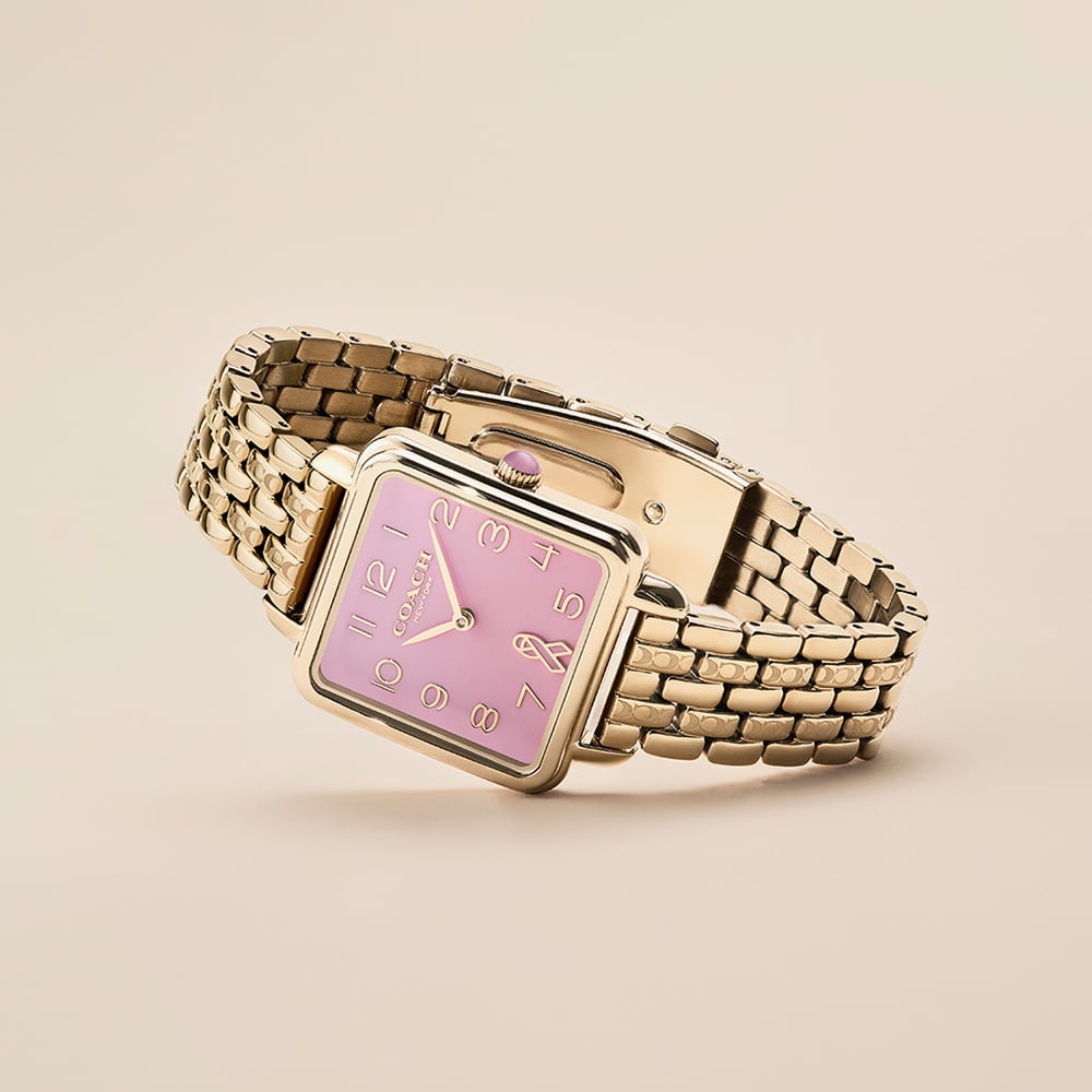 Coach Ladies Cass BCRF Golden Square Pink Dial Bracelet Watch 14504692