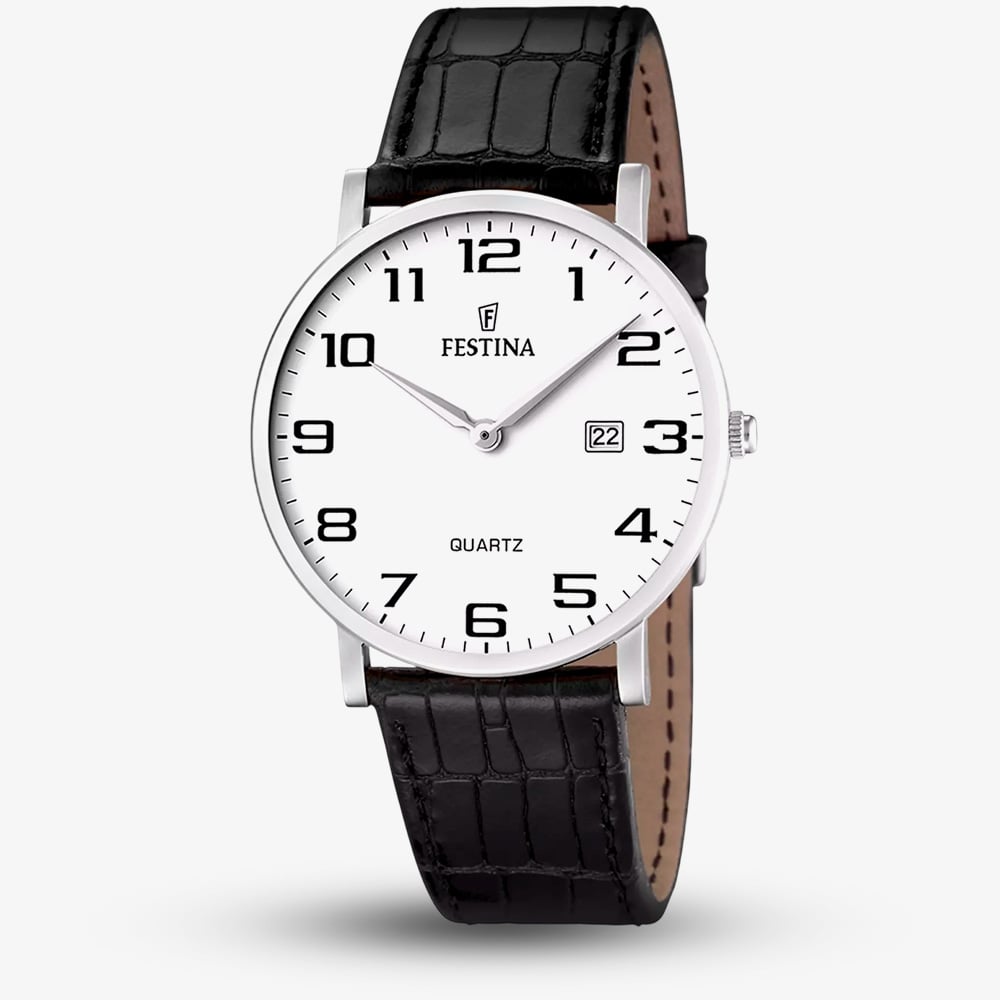 House of Watches - Festina Mens Classics White Dial Black Leather Strap Watch F16476/1