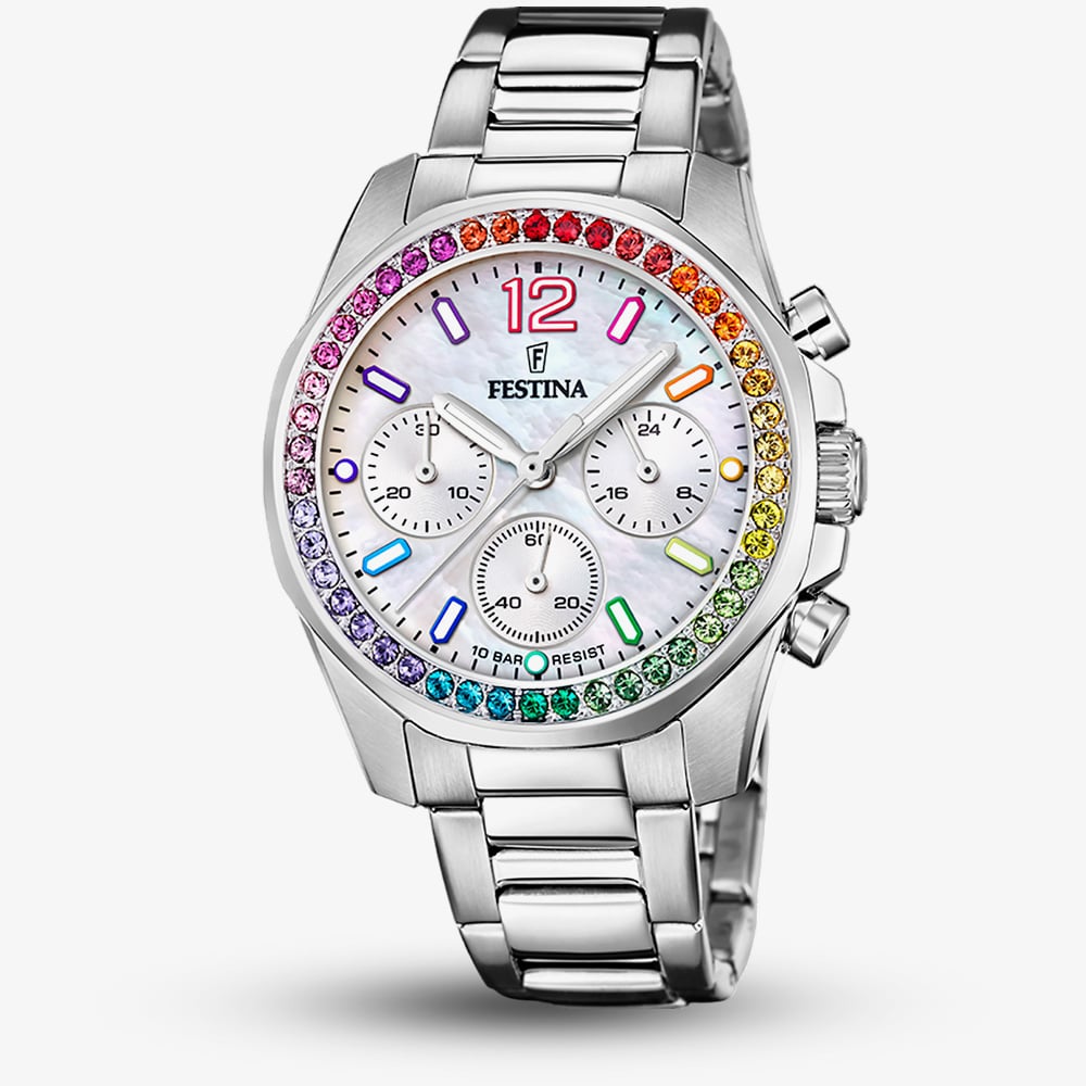 House of Watches - Festina Ladies Rainbow Multi Colour Zirconia Bezel Chronograph Watch F20606/2