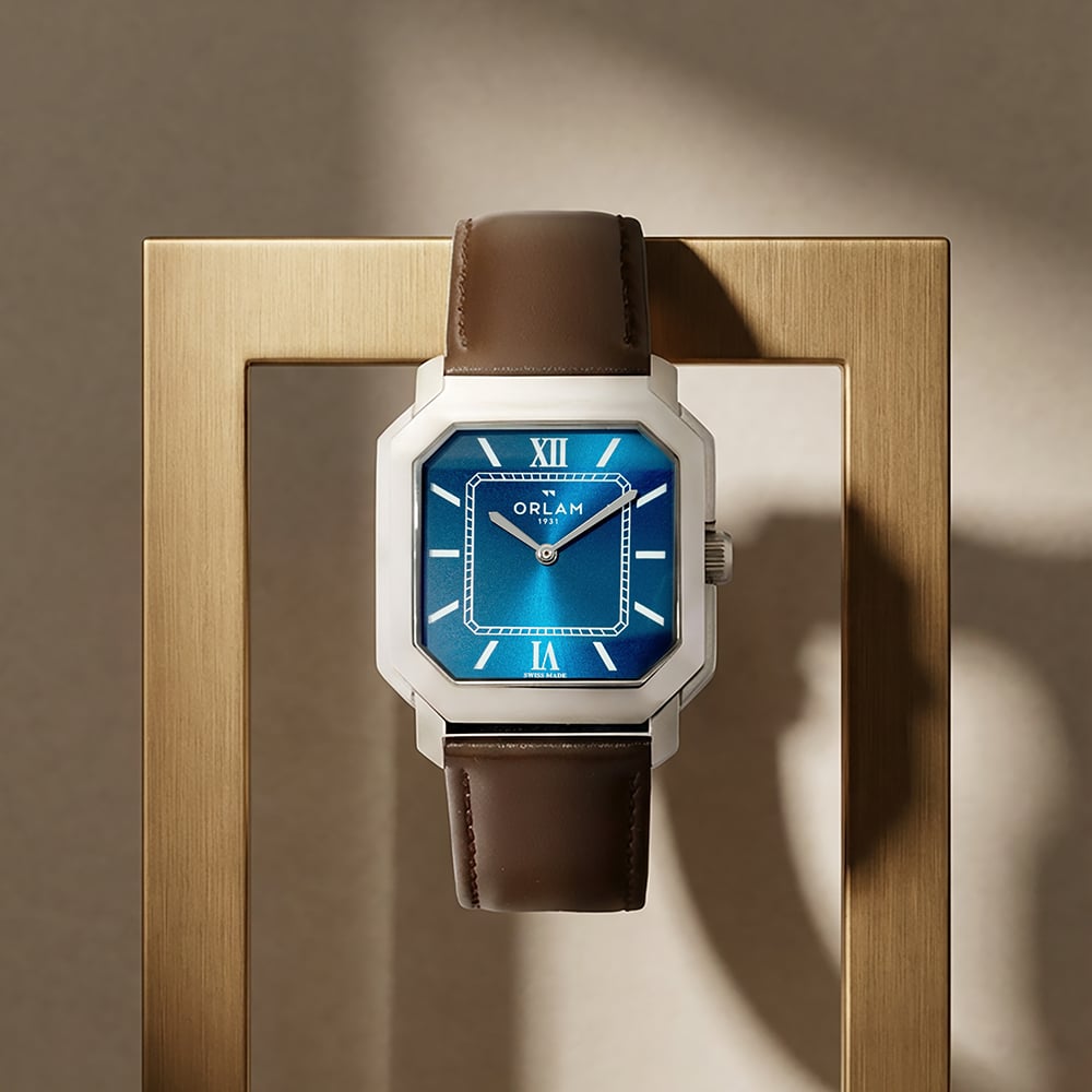 Orlam Mens Heritage Blue Octagon Dial Leather Strap Watch ORSSLHE003
