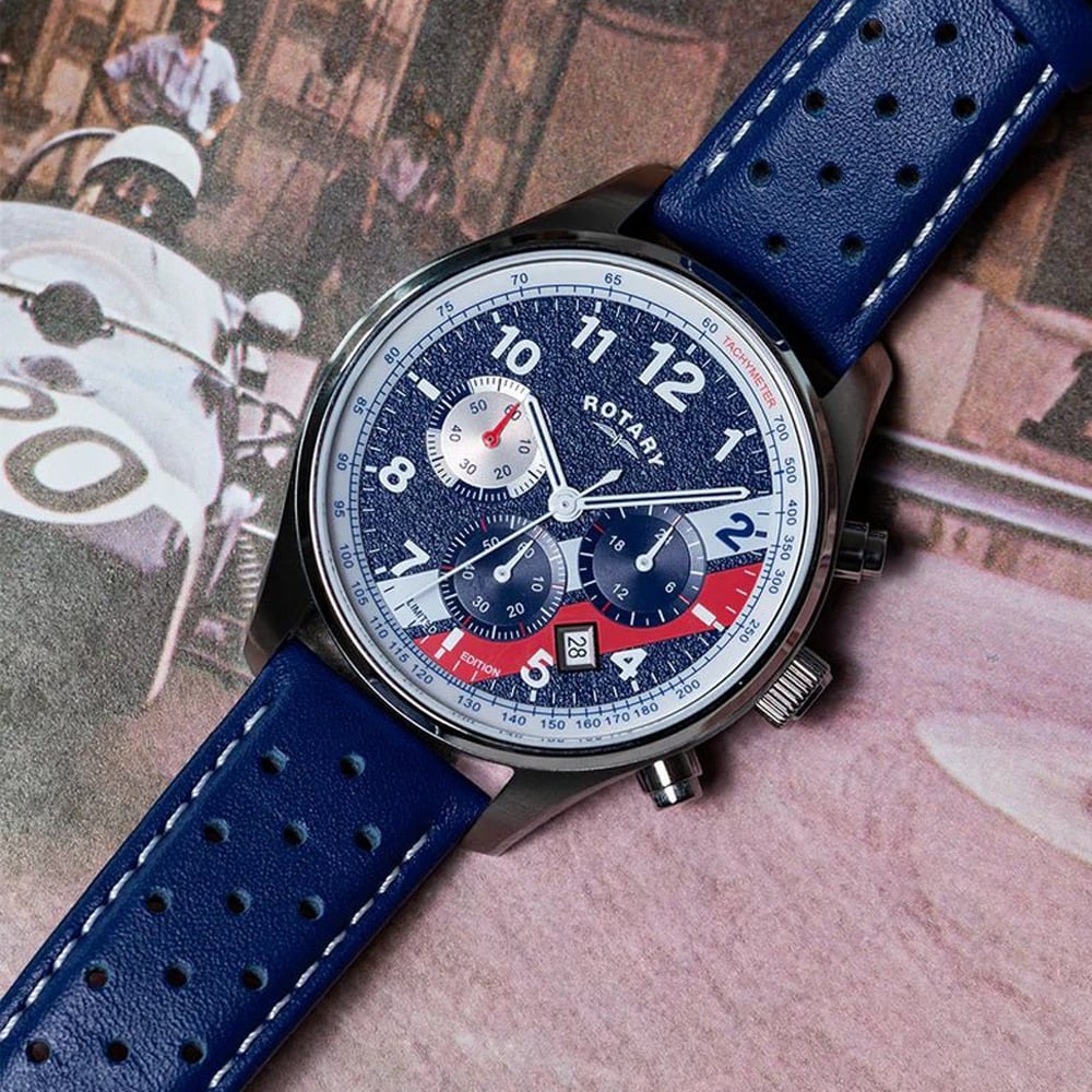 Rotary Mens Limited Edition Chronograph 1977 Blue Leather Strap Watch GS00450/51