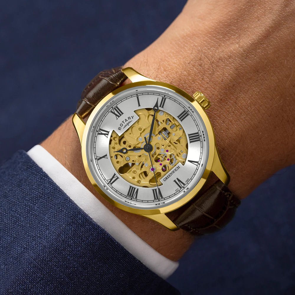 Rotary Mens Greenwich Skeleton Gold Plated Automatic Leather Strap Watch GS02941/03