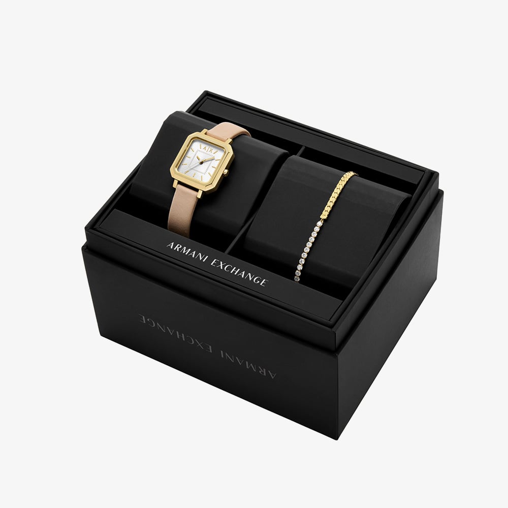 Armani Exchange Ladies Leila Pink Leather Strap Watch & Bracelet Set AX7172SET