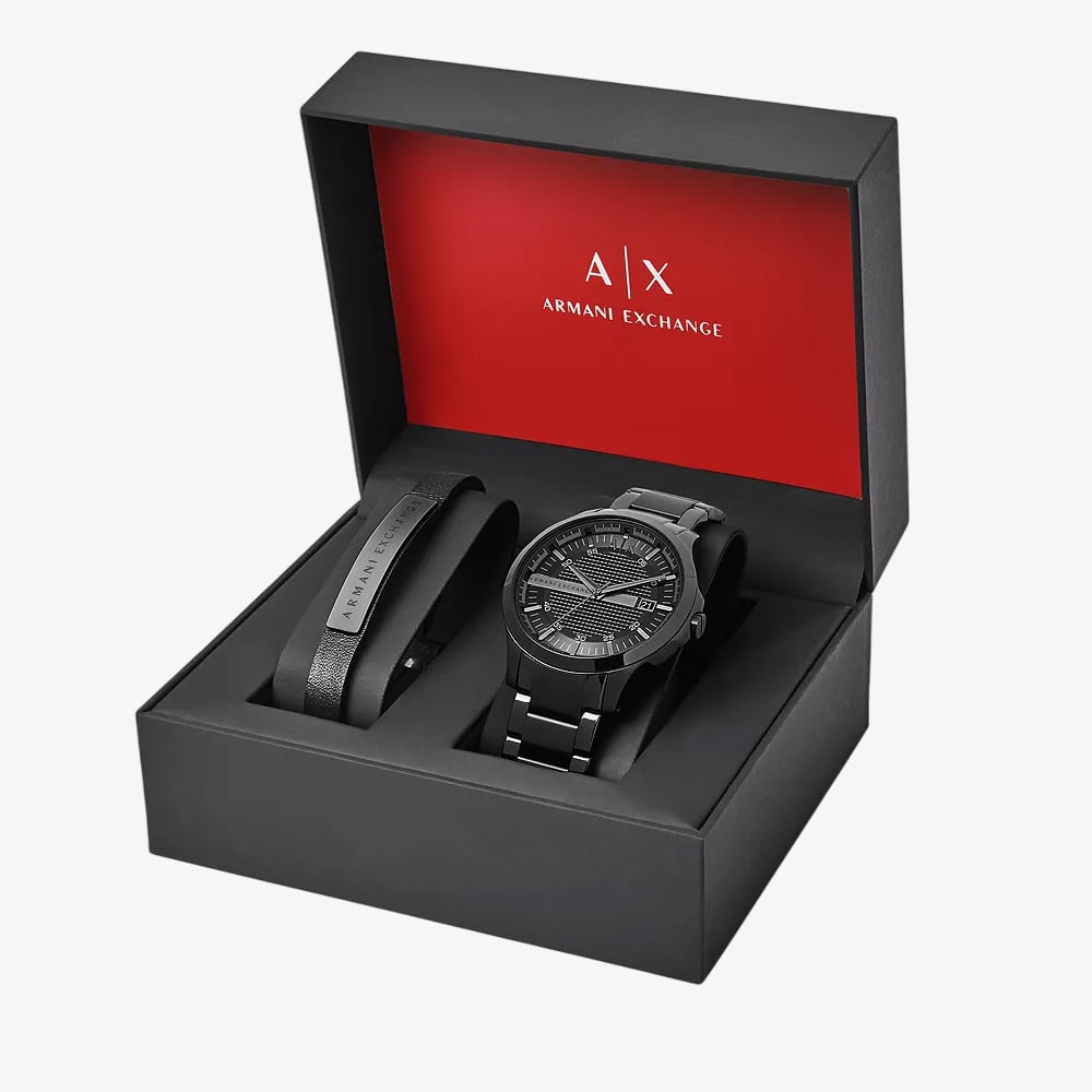 Armani Exchange Mens Hampton Black Watch & Bracelet Set AX7101