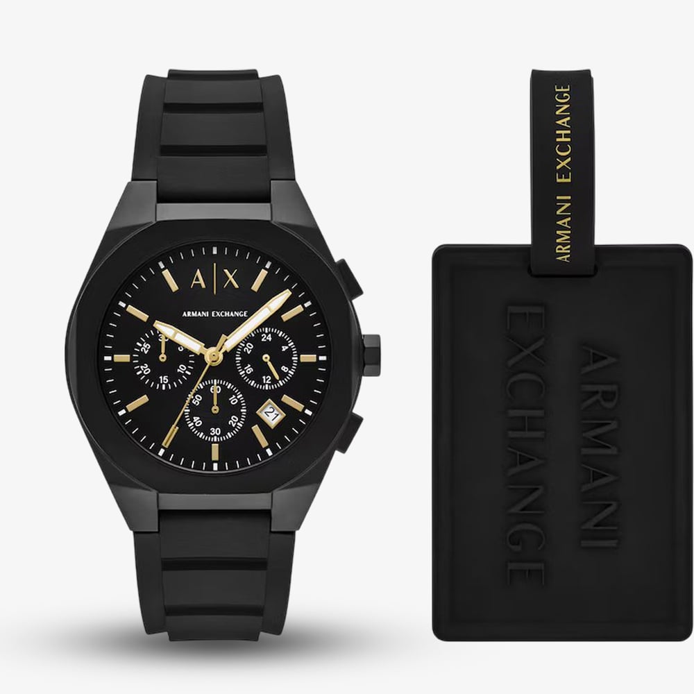 Armani Exchange Mens Rafael Black Chronograph Watch & Luggage Tag Set AX7165SET