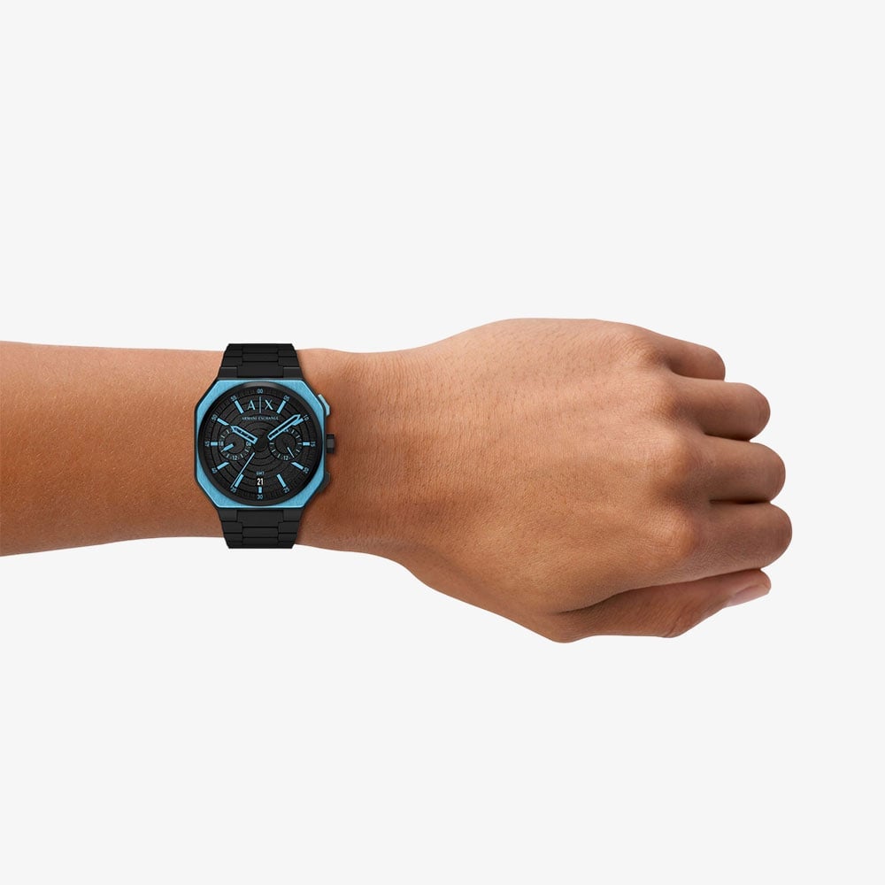 Armani Exchange Mens Bass Dual-Time Black & Blue Silicone Strap Watch AX1480