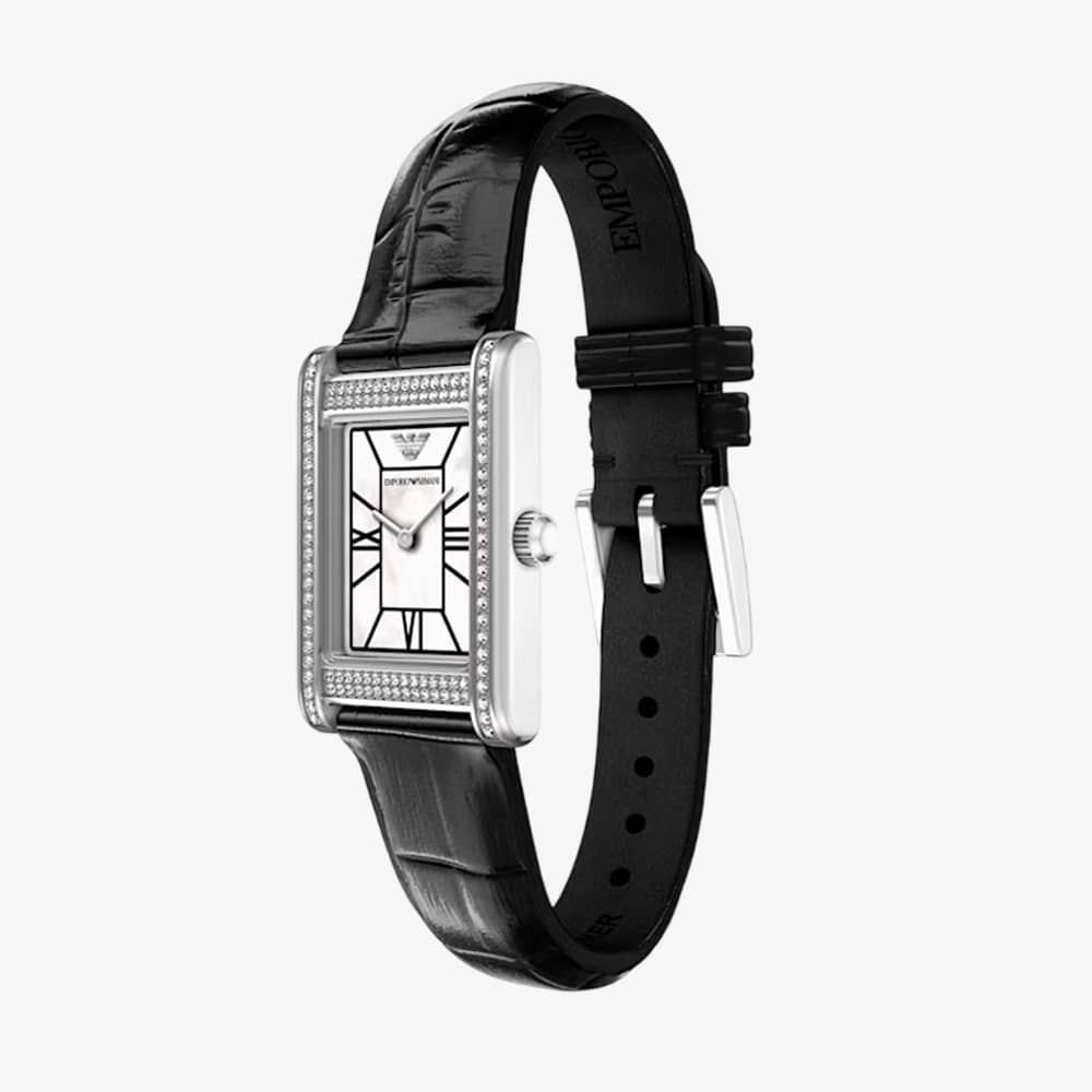 Emporio Armani Ladies Genni White Mother Of Pearl Rectangular Dial Leather Strap Watch AR11803