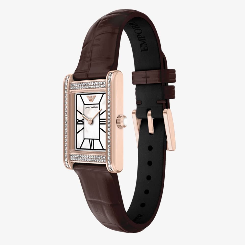 Emporio Armani Ladies Genni White Mother Of Pearl Rectangular Dial Brown Leather Strap Watch AR11804
