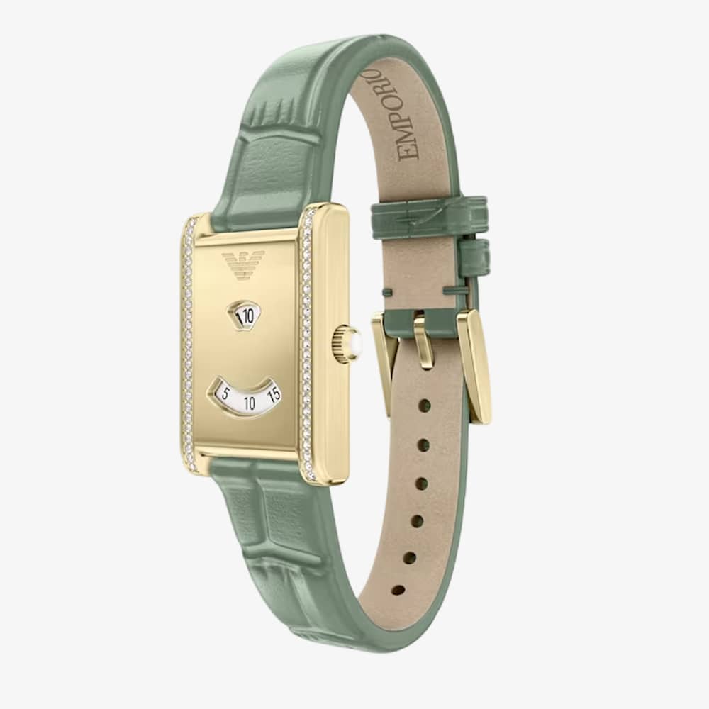 Emporio Armani Ladies Mystery Hour Gold Tone Rectangular Dial Leather Strap Watch AR11815