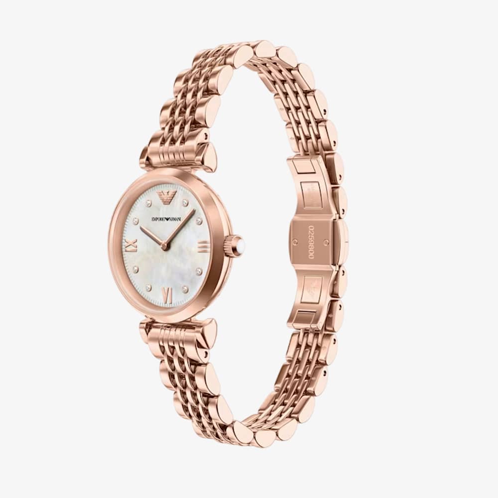 Emporio Armani Ladies Gianni White Mother Of Pearl Dial Rose Gold Tone Bracelet Watch AR11805