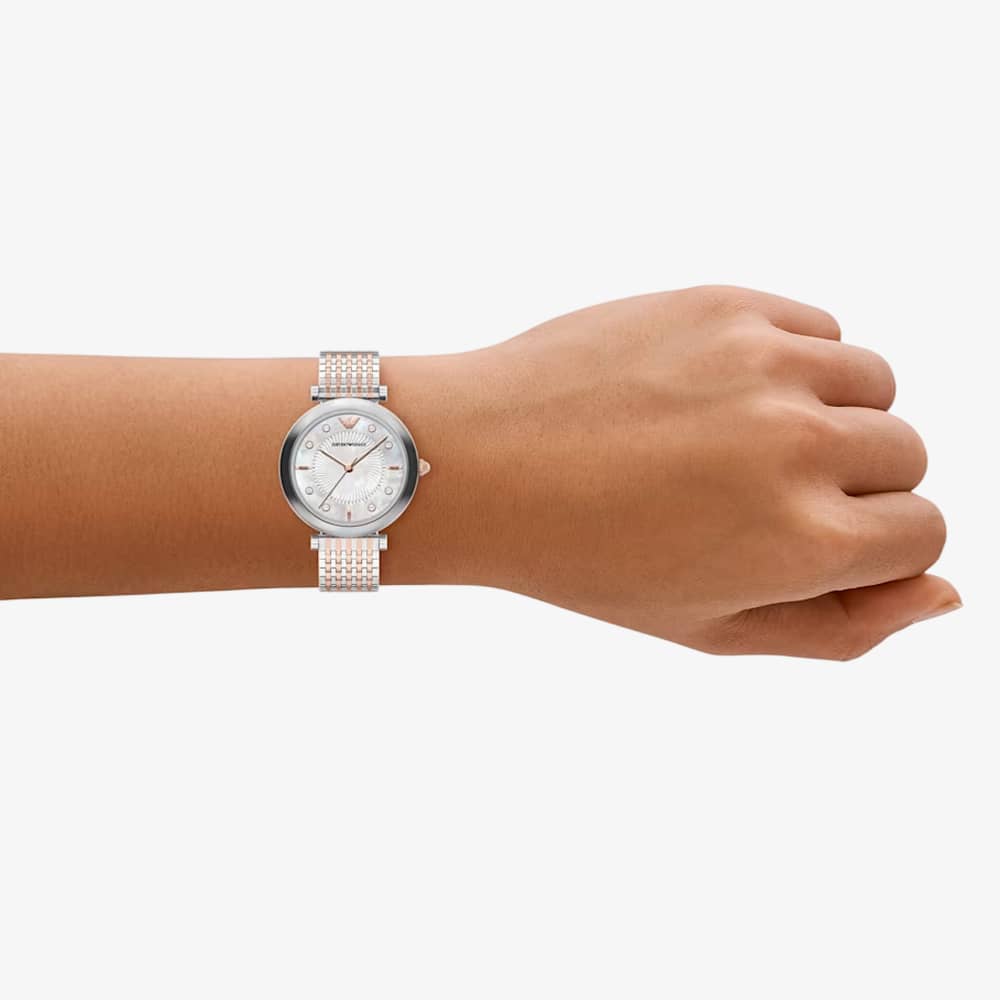 Emporio Armani Ladies Archelia Silver Mother Of Pearl Dial Two Tone Bracelet Watch AR11808