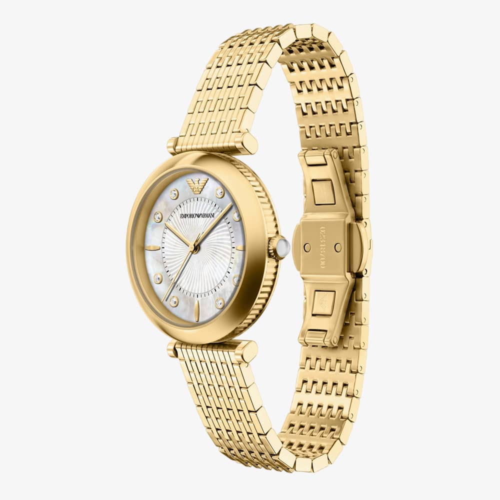 Emporio Armani Ladies Archelia Silver Mother Of Pearl Dial Gold Tone Bracelet Watch AR11809