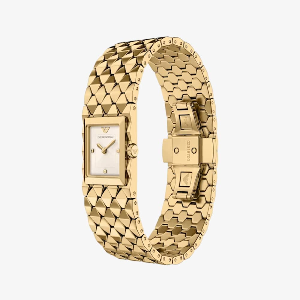 Emporio Armani Ladies Eagle Story White Square Dial Gold Tone Bracelet Watch AR11827