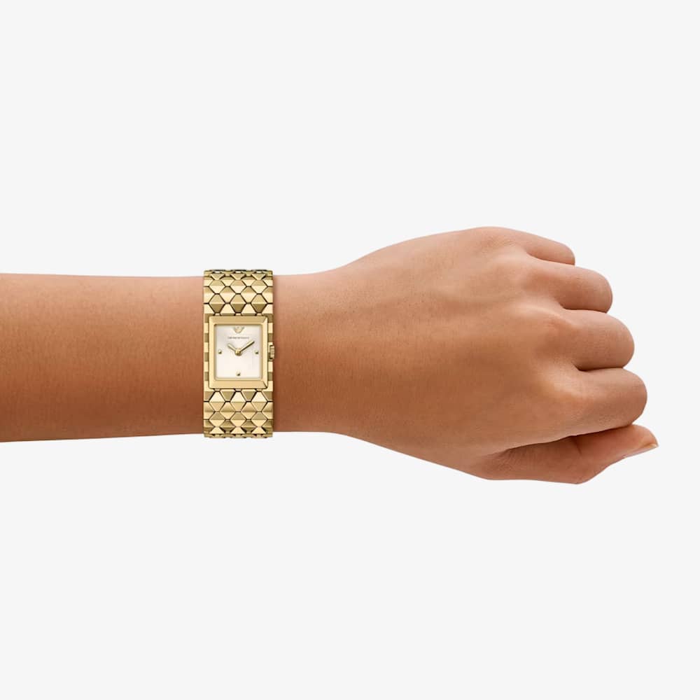 Emporio Armani Ladies Eagle Story White Square Dial Gold Tone Bracelet Watch AR11827