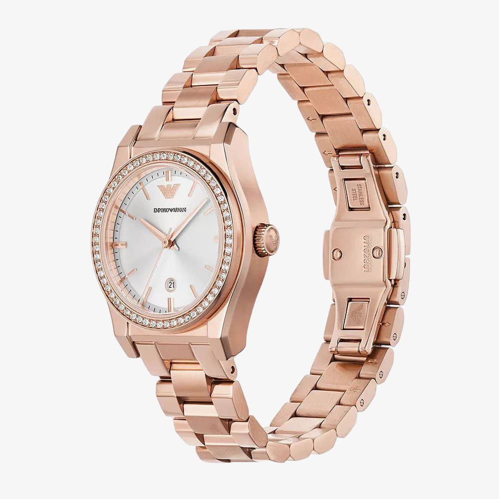 Emporio Armani Ladies Federica Rose Gold Crystal Set Watch AR11558