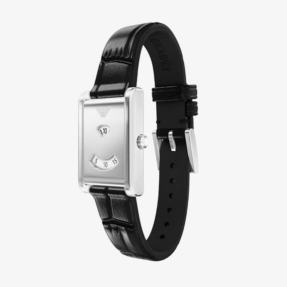 Emporio Armani Ladies Mystery Hour Silver Rectangular Dial Leather Strap Watch AR11813