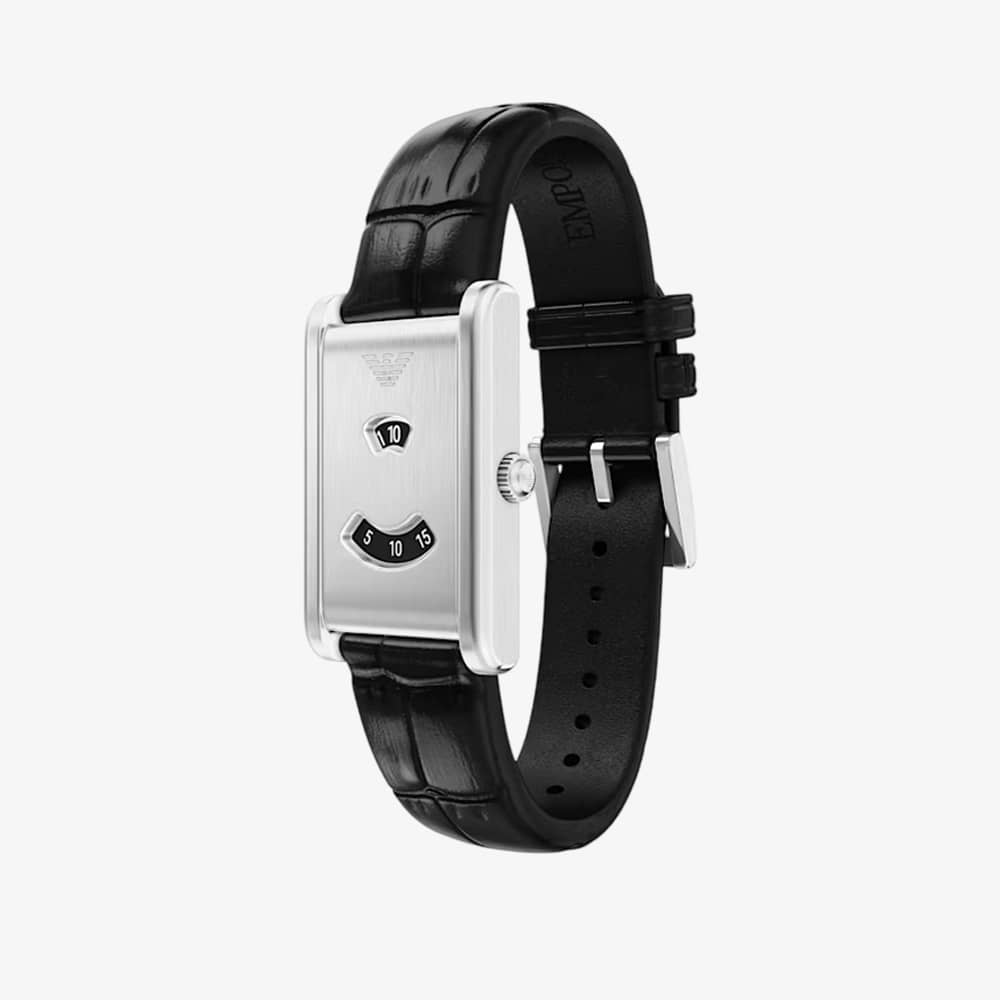 Emporio Armani Mens Mystery Hour Silver Rectangular Dial Leather Strap Watch AR11816
