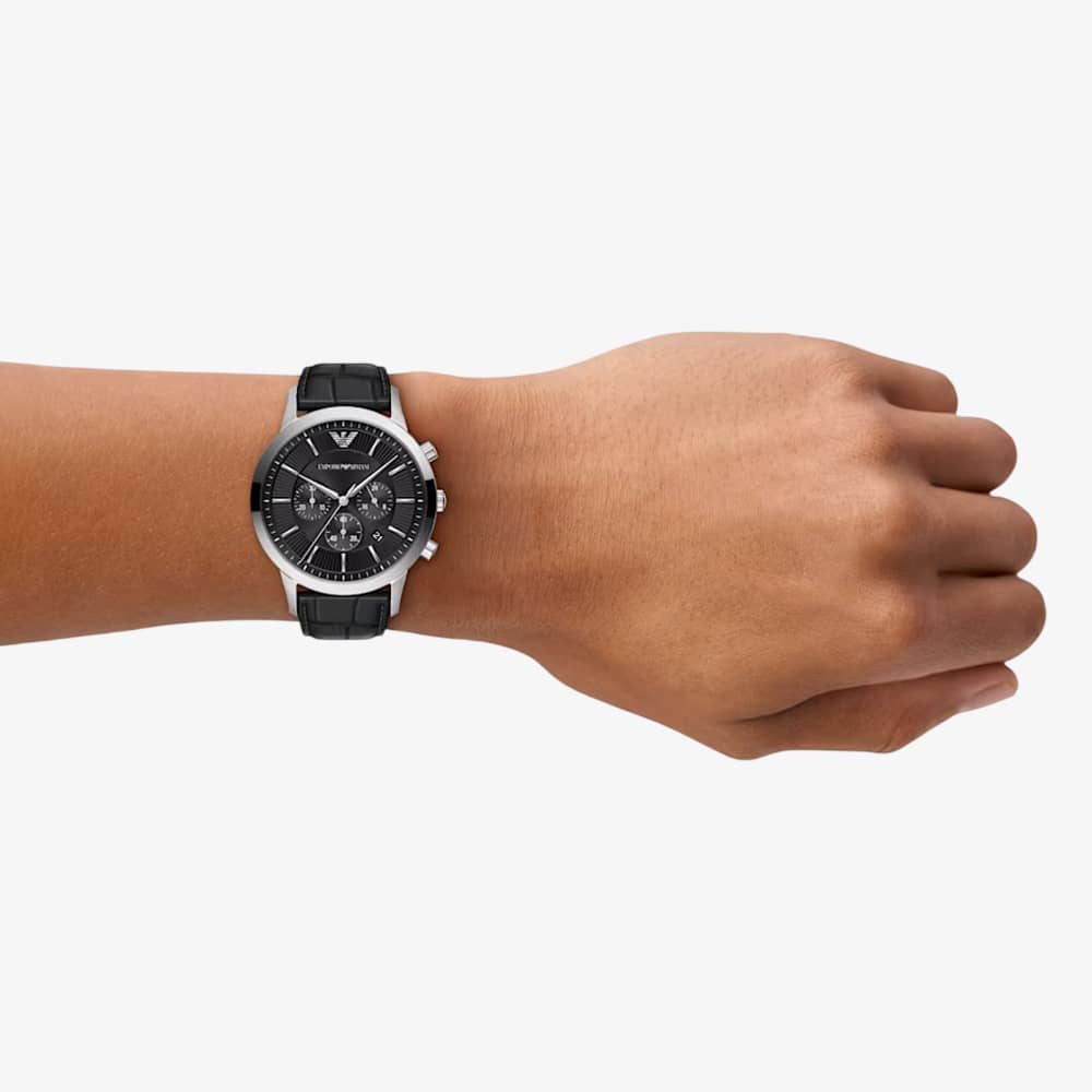 Emporio Armani Mens Archetipo Black Chronograph Dial Leather Strap Watch AR11820