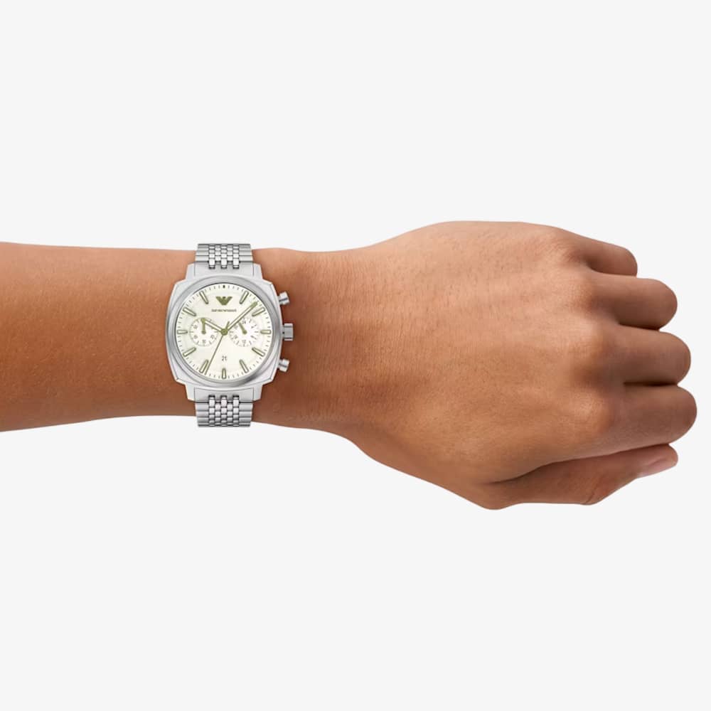 Emporio Armani Mens Carlo Cream Chronograph Dial Bracelet Watch AR11800