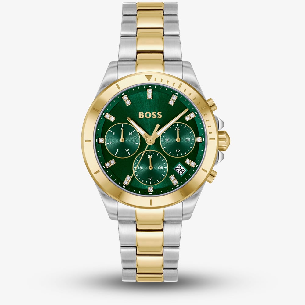 House of Watches - BOSS Ladies Alley Lux Two Tone Crystal Green Dial Quartz Watch 1502827