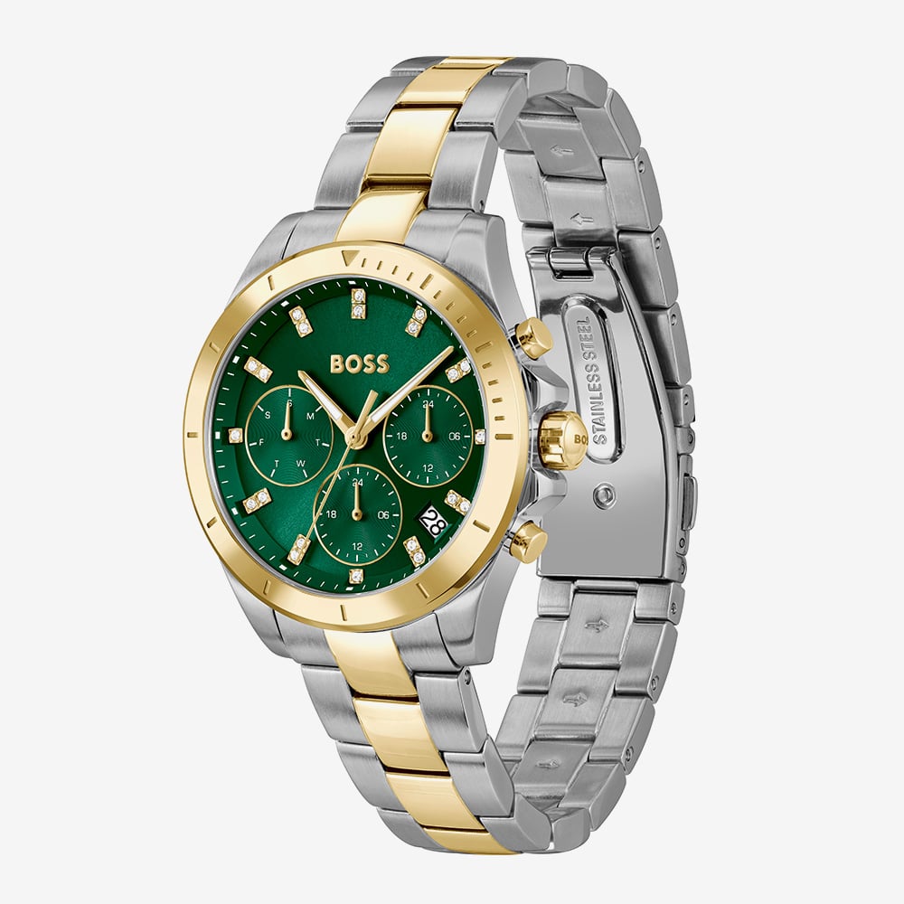BOSS Ladies Alley Lux Two Tone Crystal Green Dial Quartz Watch 1502827