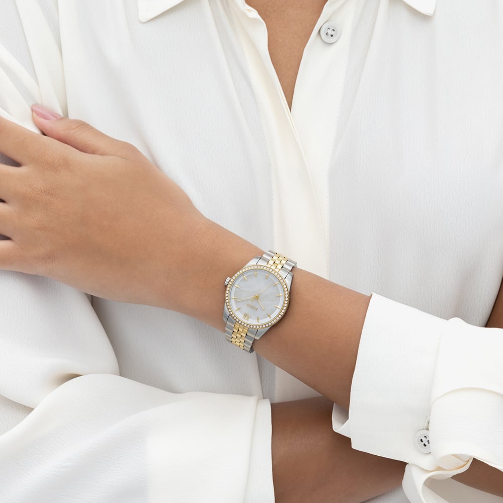 BOSS Ladies Graceful Precious Two Tone White Mother of Pearl Dial Bracelet Watch 1502867