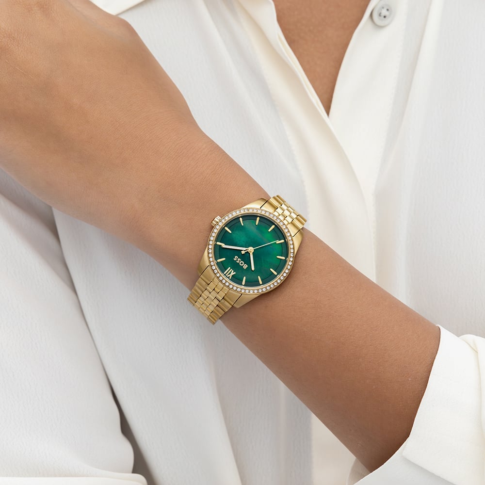 BOSS Ladies Graceful Precious Golden Green Mother of Pearl Dial Bracelet Watch 1502868