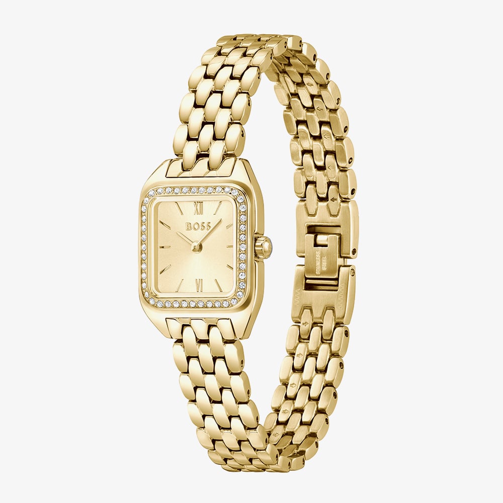 BOSS Ladies Mae Petite Square Golden Dial Bracelet Watch 1502883
