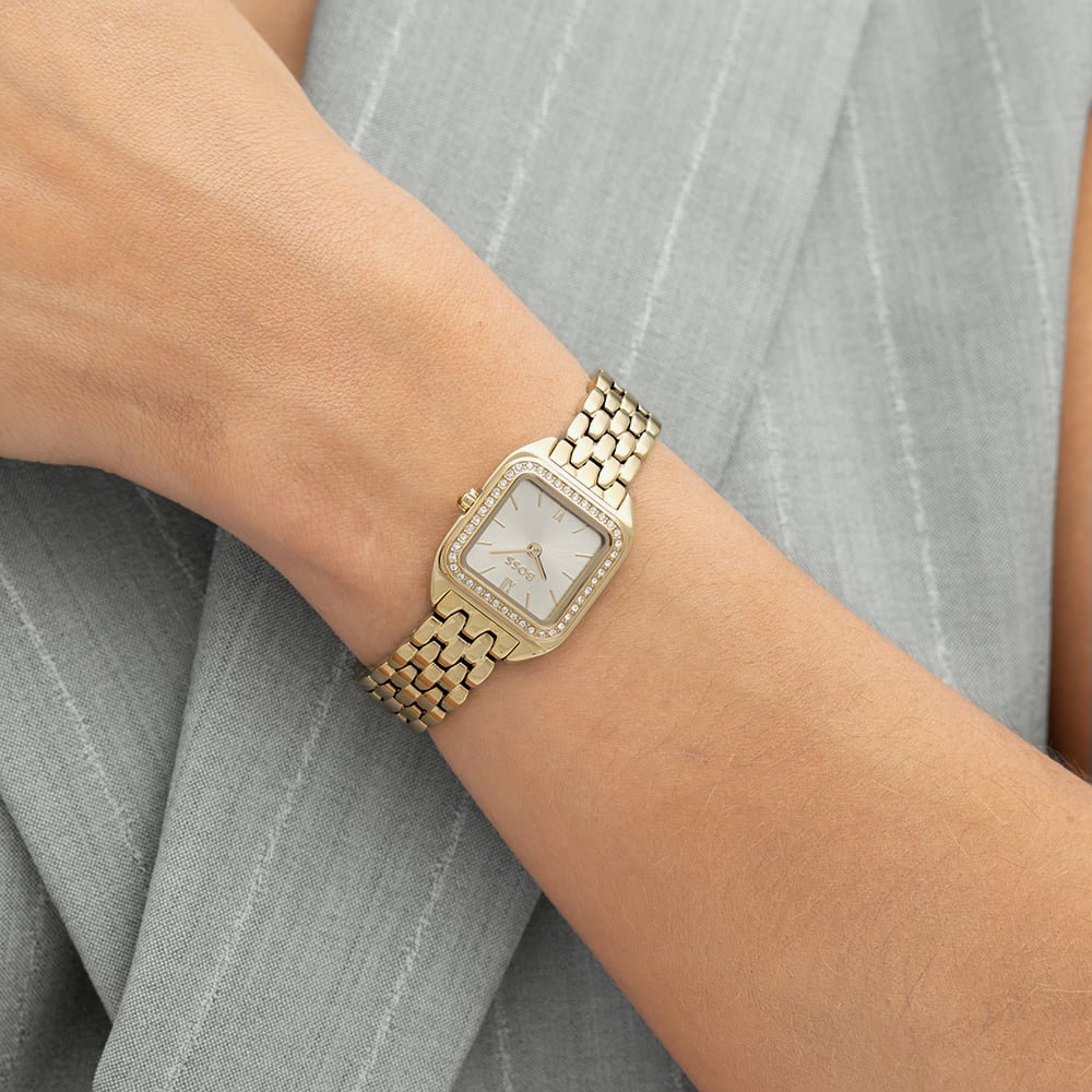 BOSS Ladies Mae Petite Square Golden Dial Bracelet Watch 1502883