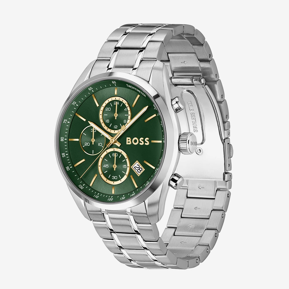 BOSS Mens Grand Prix 44 Silver Tone Green Dial Watch 1514266