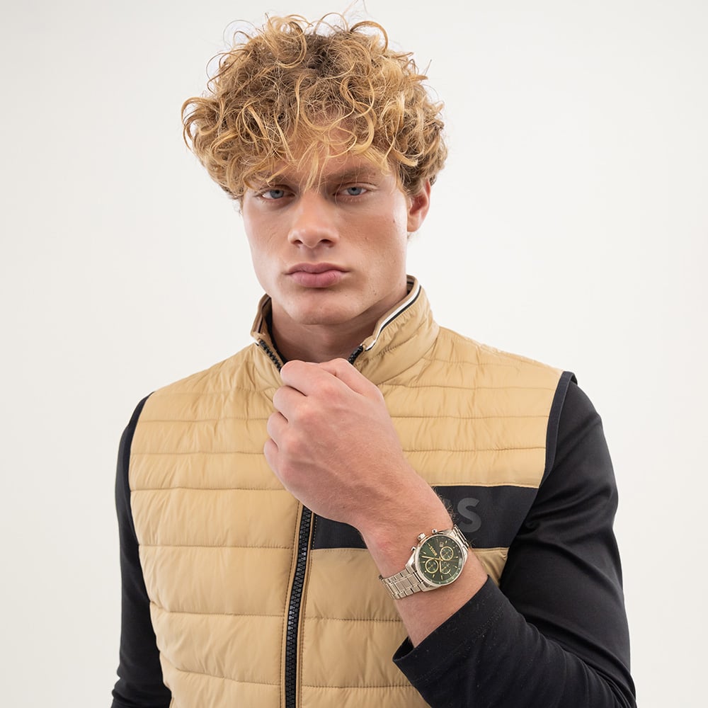 BOSS Mens Grand Prix 44 Silver Tone Green Dial Watch 1514266