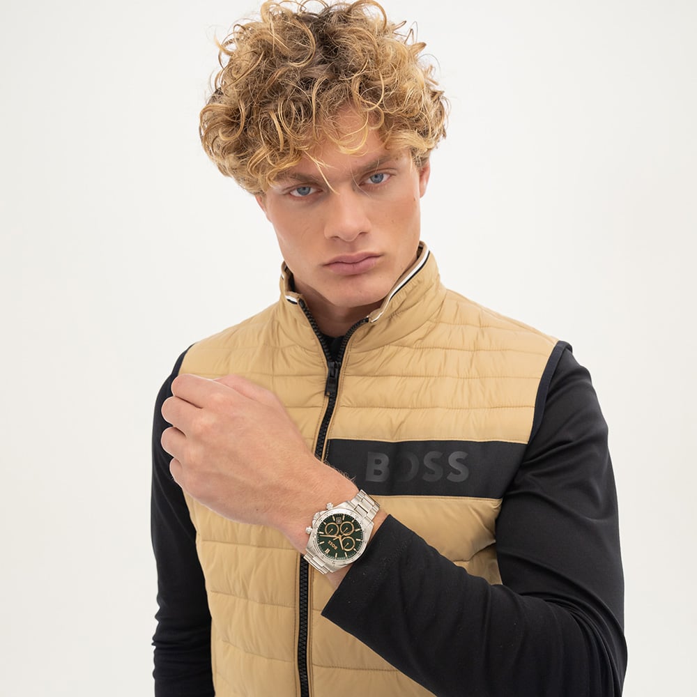 BOSS Mens Hero 2.0 Silver Tone Green Chronograph Watch 1514268