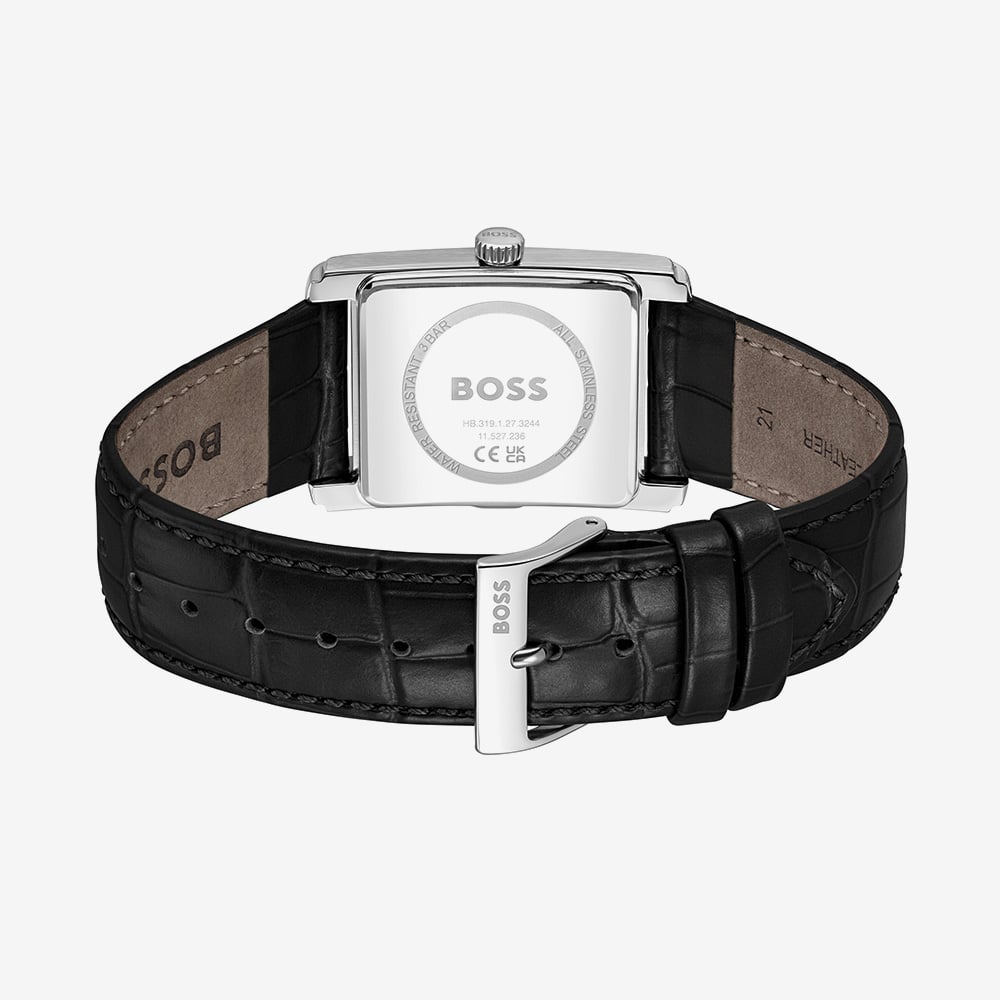 BOSS Mens Principle Rectangle Dial Black Leather Strap Watch 1514277