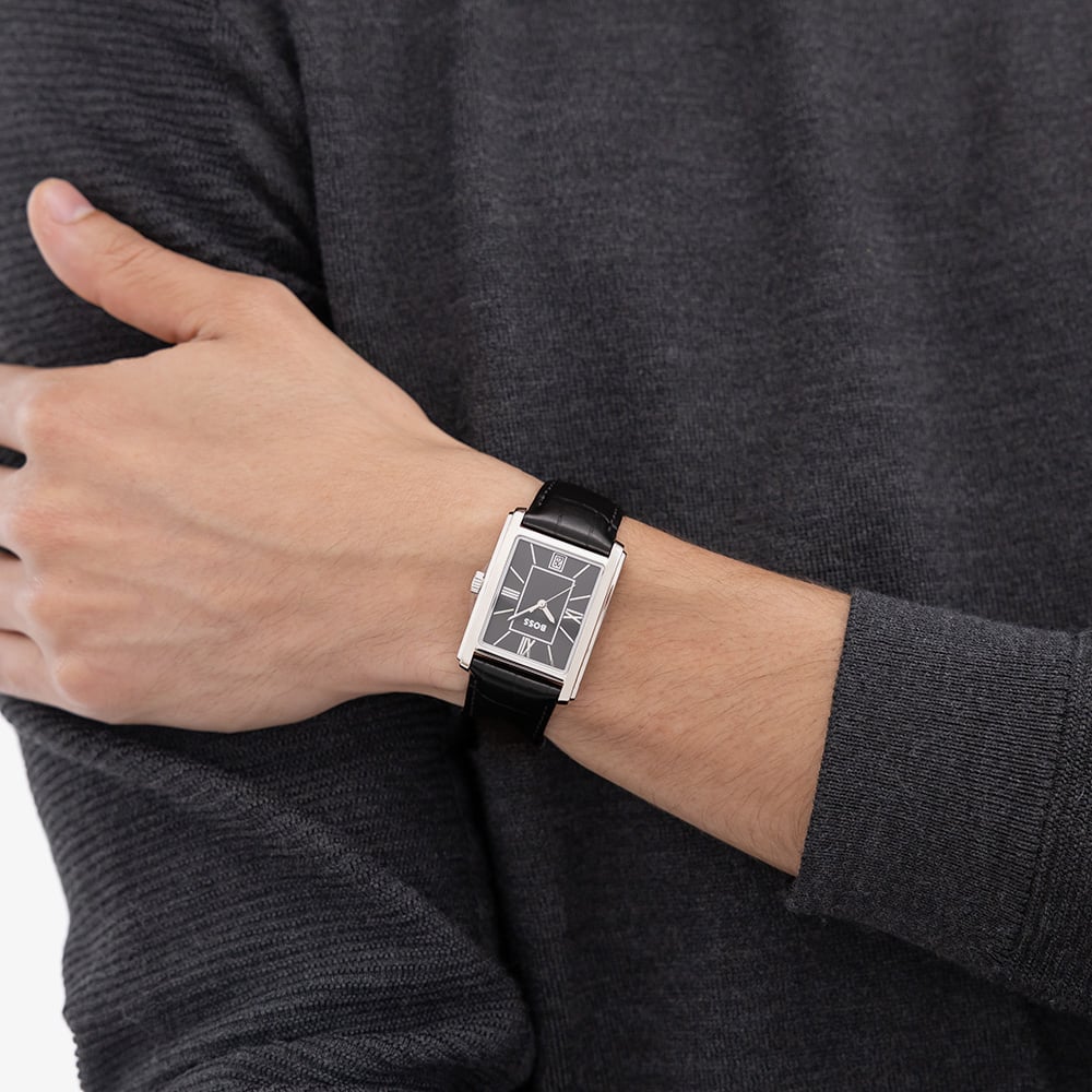 BOSS Mens Principle Rectangle Dial Black Leather Strap Watch 1514277