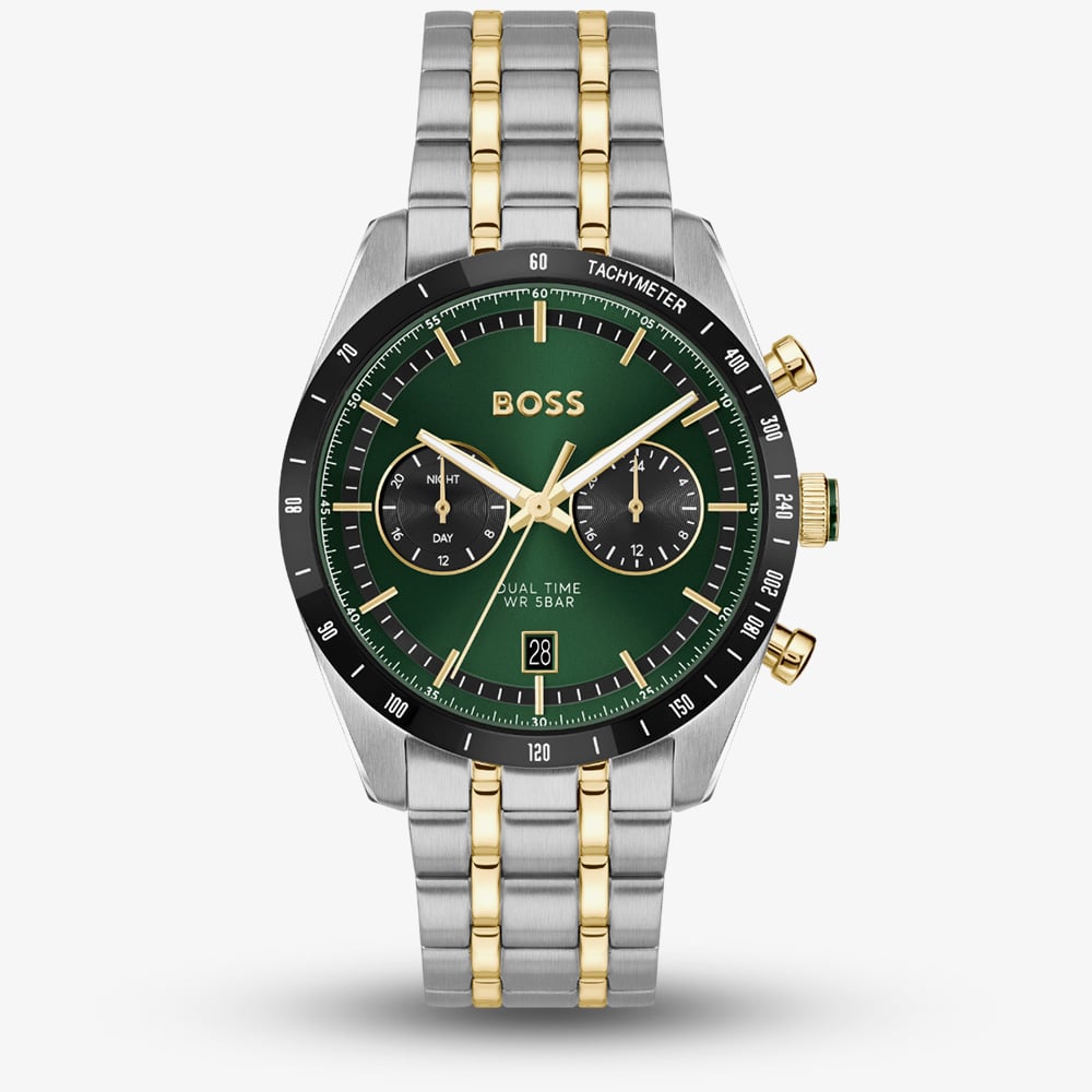 House of Watches - BOSS Mens Tourmaster Two Tone Green Dial Chronograph Watch 1514287