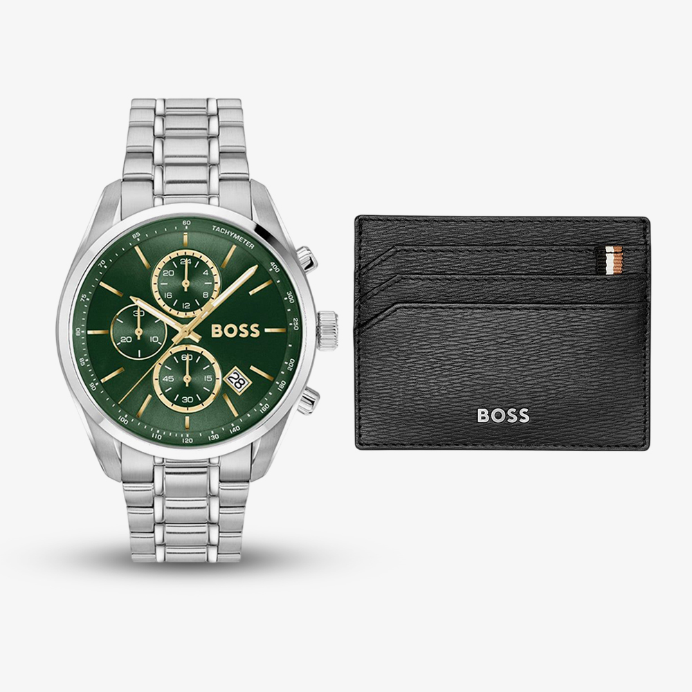 BOSS Mens Grand Prix Green Dial Bracelet Watch &amp; Black Card Holder Gift Set 1570202